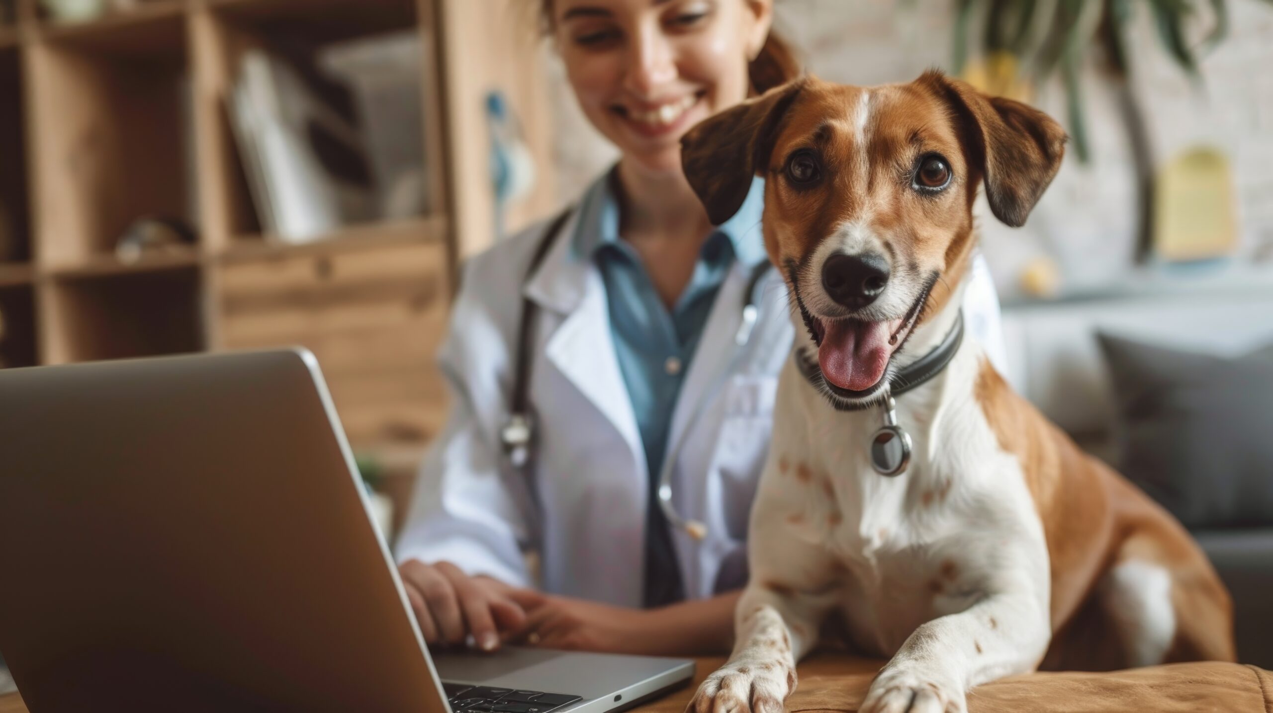 Veterinarian using laptop with dog – vet telehealth benefit included in Section 125 plans